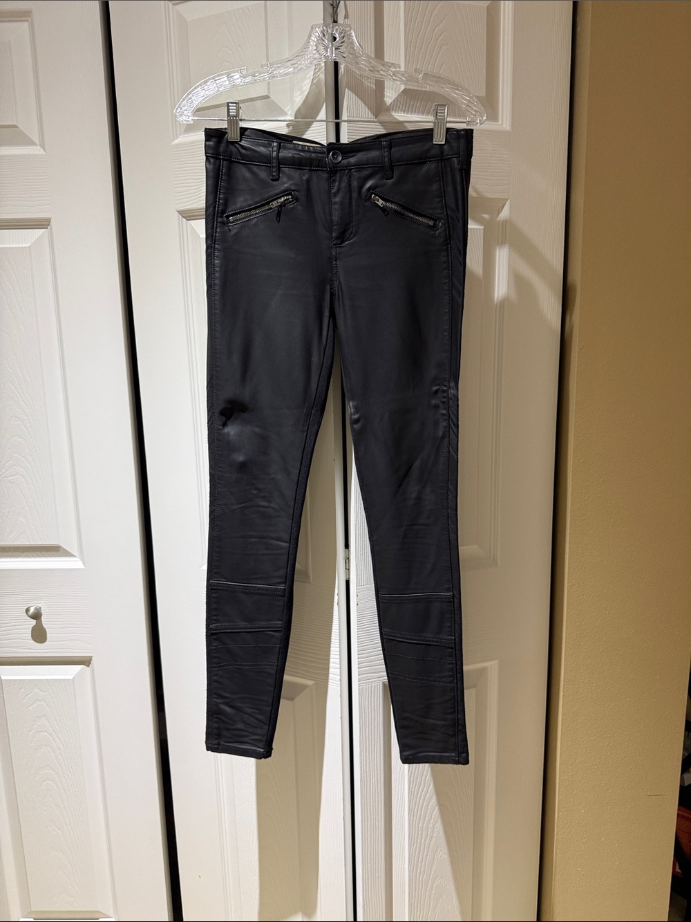 Pilcro and The Letterpress faux leather moto pants, back is stretchy fabric